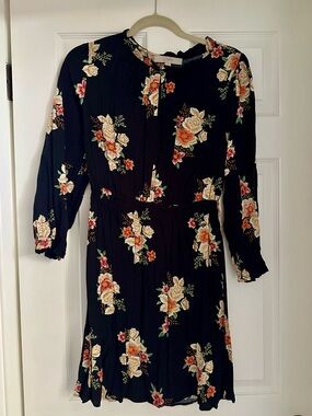 Loft Floral Black Long-Sleeve Dress Size S